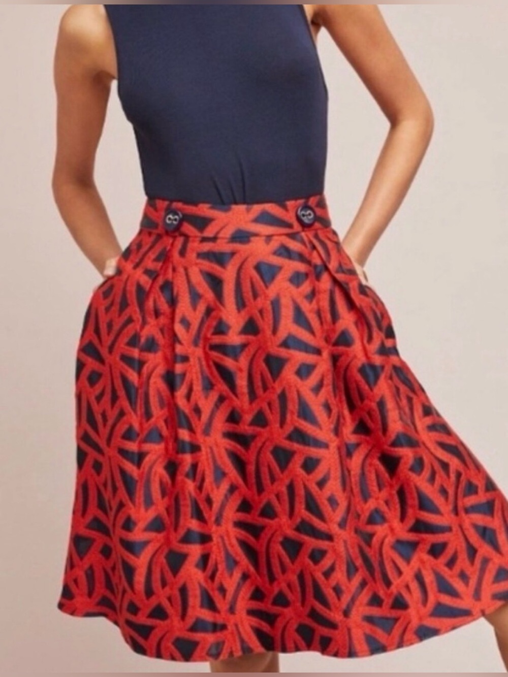 Anthropologie Eva Franco Mariner Red Navy Preppy A-Line Skirt Button Detail Sz 6